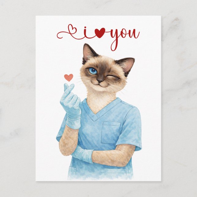 Postal Enfermera Gato con Mini Corazón enviando Amor (Anverso)