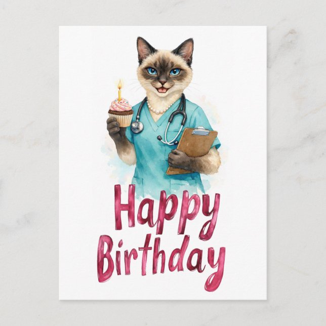 Postal Enfermera Gato con Tarta y texto Feliz Cumpleaños  (Anverso)