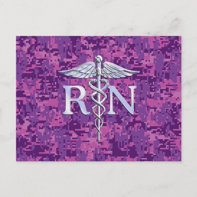 Postal Enfermera inscrita RN Silver Caduceus en Camo Rosa (Anverso)