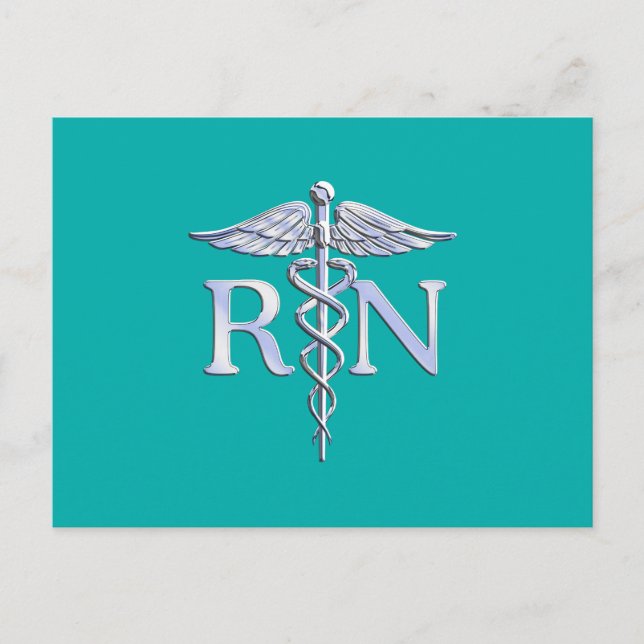 Postal Enfermera inscrita RN Silver Caduceus en turquesa (Anverso)