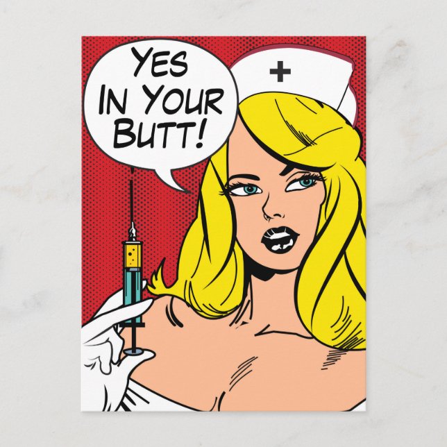 Postal Enfermera sexy con aguja, sí en el culo (Anverso)