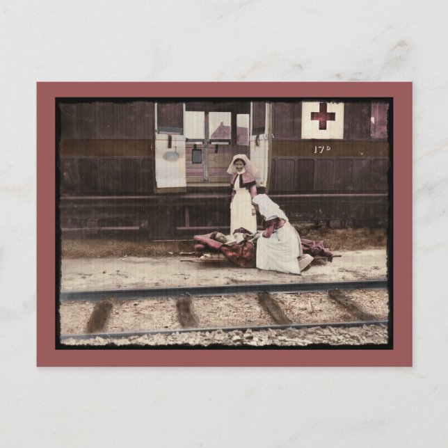 Postal Enfermeras y heridos en la estación de tren (Anverso)