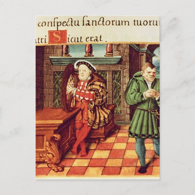 Postal Enrique VIII jugando un arpa con su bobo (Anverso)