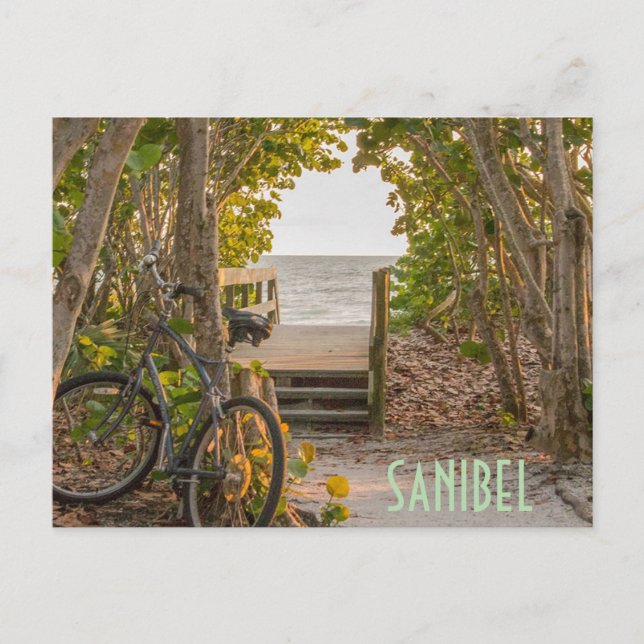 Postal Entrada de playa de Sanibel Florida con bicicleta (Anverso)