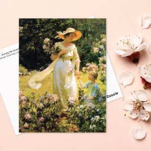 Postal Entre flores de laurel Charles Courtney Curran