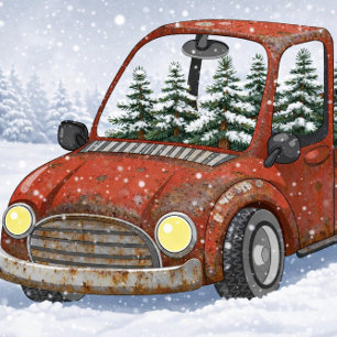 Postal Entrega de Navidad en Camioneta Roja Oxidada