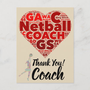 Postal Entrenador de Netball Heart Design Gracias
