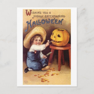 Postal Entreteniendo calabaza tallada de niño de Hallowee