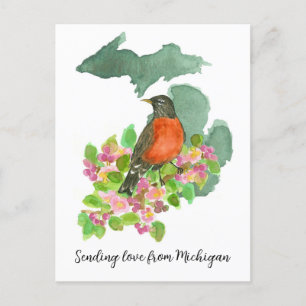 Postal Enviando amor Michigan American Robin Flowers