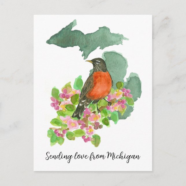 Postal Enviando amor Michigan American Robin Flowers (Anverso)
