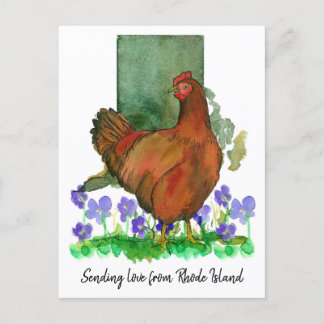 Postal Enviando violetas de pollo rojas de la Isla Rhode