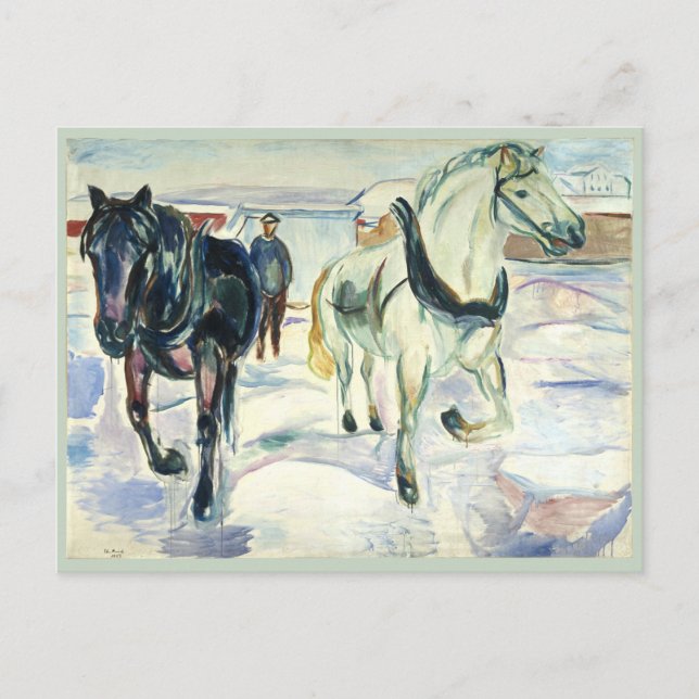 Postal Equipo de caballos en nieve por Edvard Munch (Anverso)
