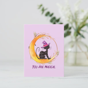 Postal Eres mágico - Gato negro brujo en luna creciente