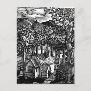 Postal Eric Ravilious - Iglesia bajo una colina