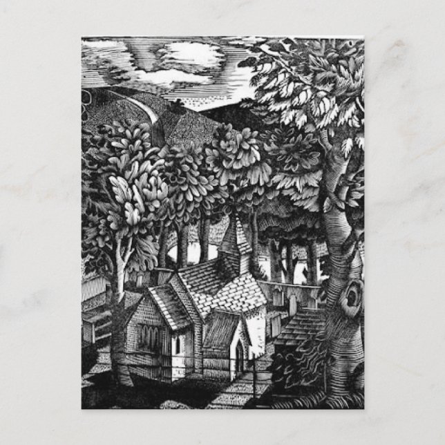 Postal Eric Ravilious - Iglesia bajo una colina (Anverso)