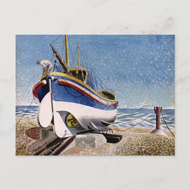 Postal Eric Ravilious - Lifeboat en Adelburgh, arte fino (Anverso)