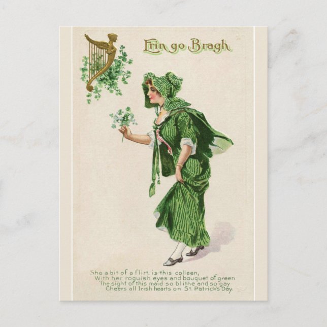 Postal Erin Go Bragh Lady con Bouquet Shamrock (Anverso)