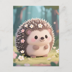 Postal Erizo Adorable con Flores Bosque Kawaii
