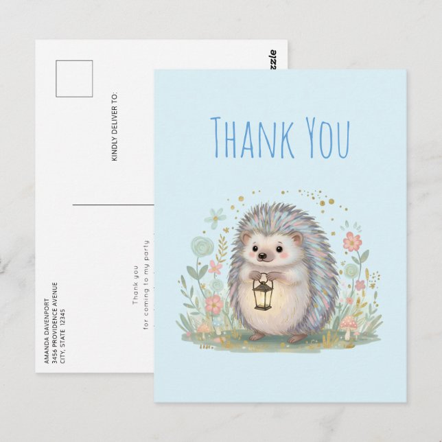 Postal Erizo Adorable con Lámpara Gracias (Anverso / Reverso)
