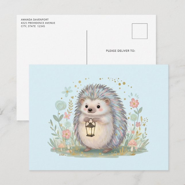Postal Erizo Adorable con Linterna (Anverso / Reverso)