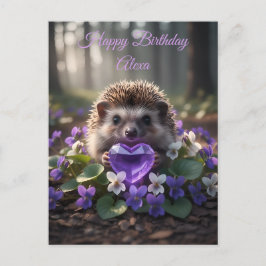 Postal Erizo adorable de febrero con corazón de amatista
