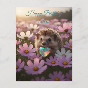Postal Erizo adorable de octubre con corazón de ópalo