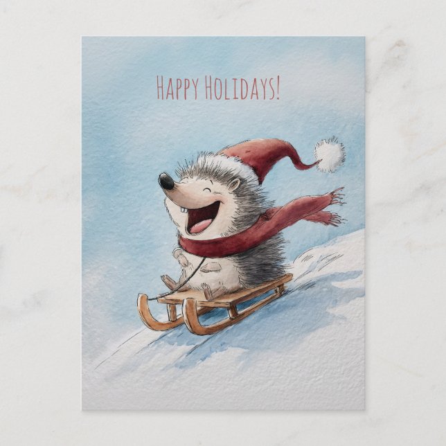 Postal Erizo alegre monta trineo abajo, Navidad  (Anverso)