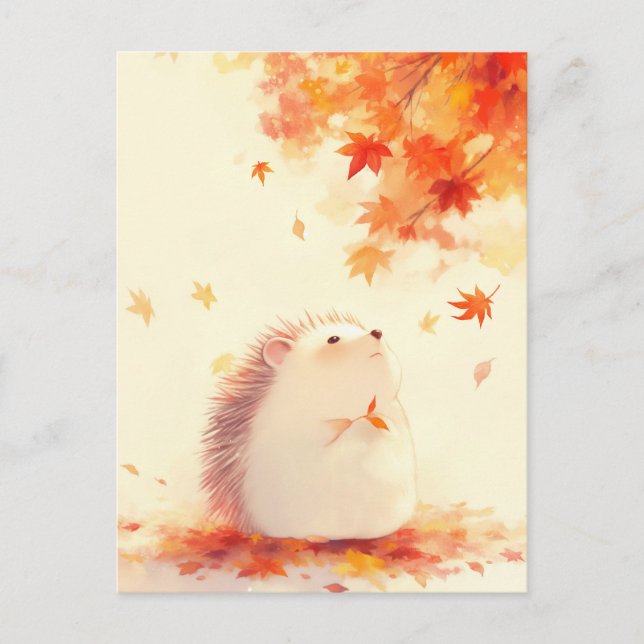 Postal Erizo bajo árbol de arce naranja de otoño (Anverso)