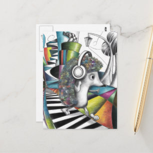 Postal erizo colorido surrealista escucha música