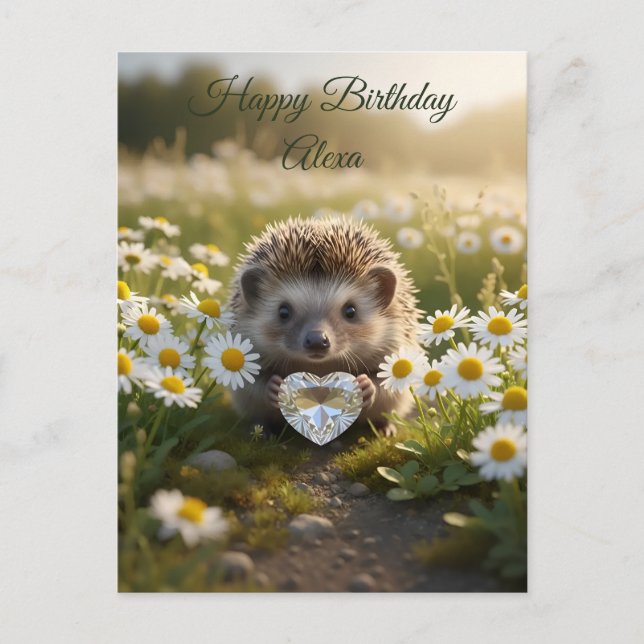 Postal Erizo de abril lindo con corazón de diamante (Anverso)