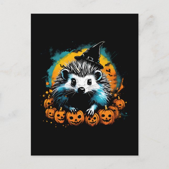 Postal Erizo de Halloween y calabazas lindas (Anverso)