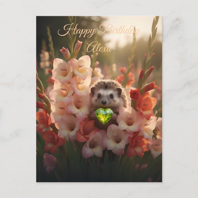 Postal Erizo lindo de agosto con corazón de peridoto (Anverso)