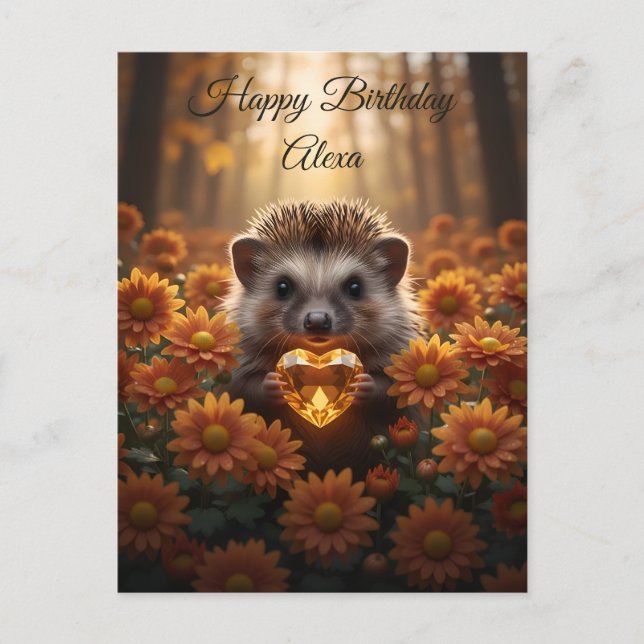 Postal Erizo noviembre lindo con corazón de topacio (Anverso)