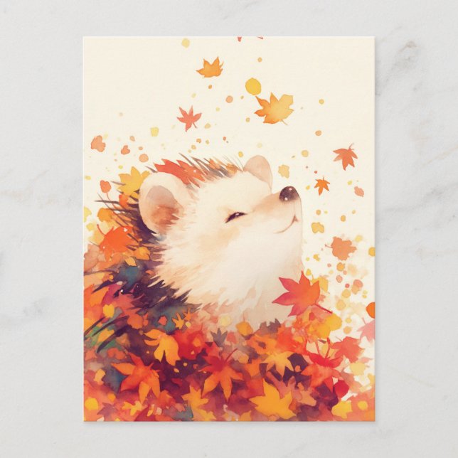 Postal Erizo sonriendo en hoja de arce de otoño (Anverso)