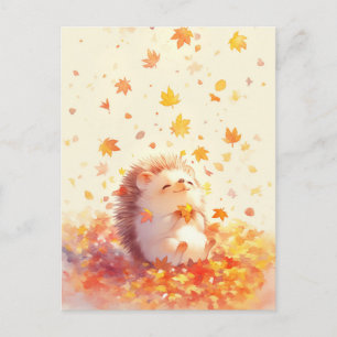 Postal Erizo Sosteniendo Hoja Amarilla de Arce de Otoño
