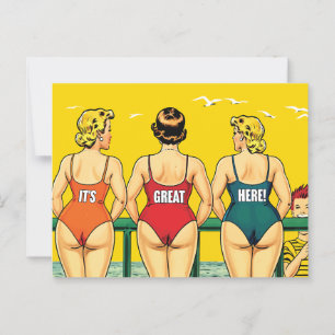 Postal Es genial aquí, mujeres Bonitos en una playa, dive