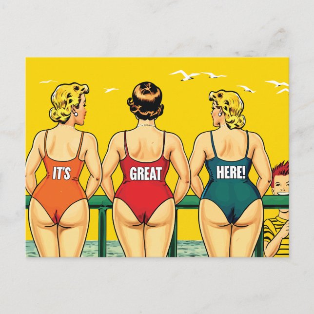 Postal Es genial aquí, mujeres Bonitos en una playa, dive (Anverso)