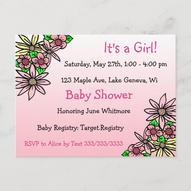 Postal Es un Baby Shower alegre, floral rosa (Anverso)