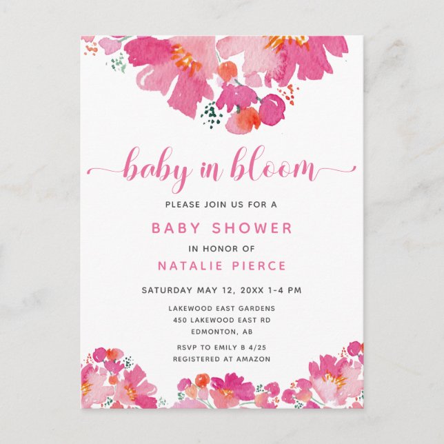 Postal Es un bebé Chica en floral rosa de Baby Shower (Anverso)
