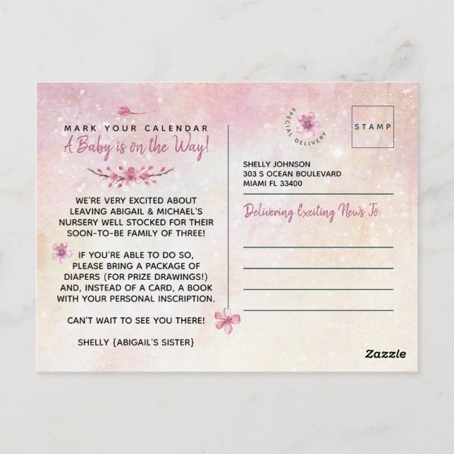 Postal Es una niña Baby Shower Elegante de Acuarela Rosa (Reverso)