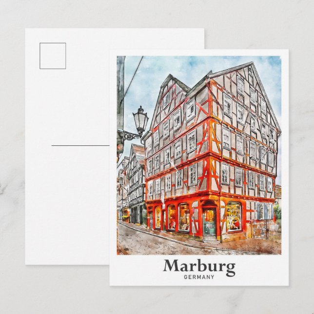 Postal Esbozo acuático de viaje de Marburg Alemania (Anverso / Reverso)