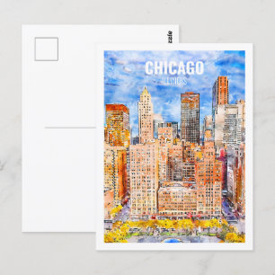 Postal Esbozo acuático de viaje famoso en Chicago Illinoi