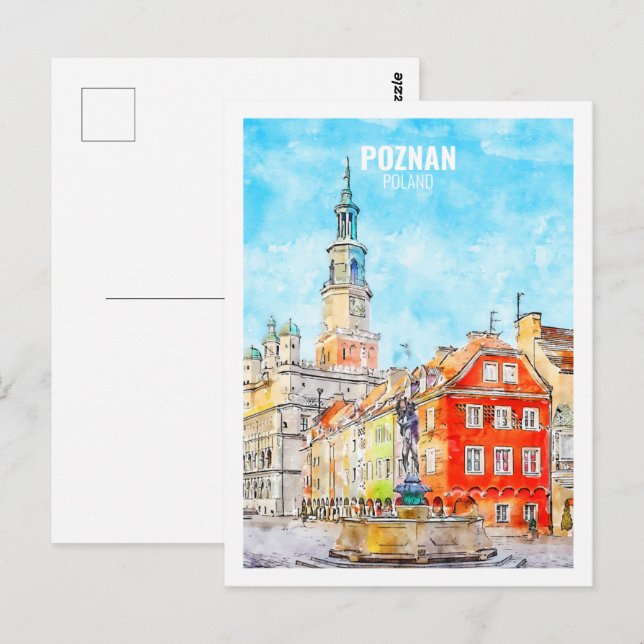 Postal Esbozo acuático de viaje famoso en Poznan Polonia (Anverso / Reverso)