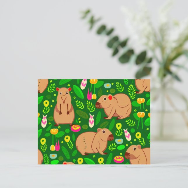 Postal Esbozo de Capibara con flores de primavera en verd (Anverso de pie)