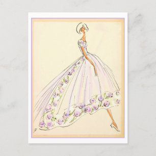 Postal Esbozo de diseño de moda de vestir con flores