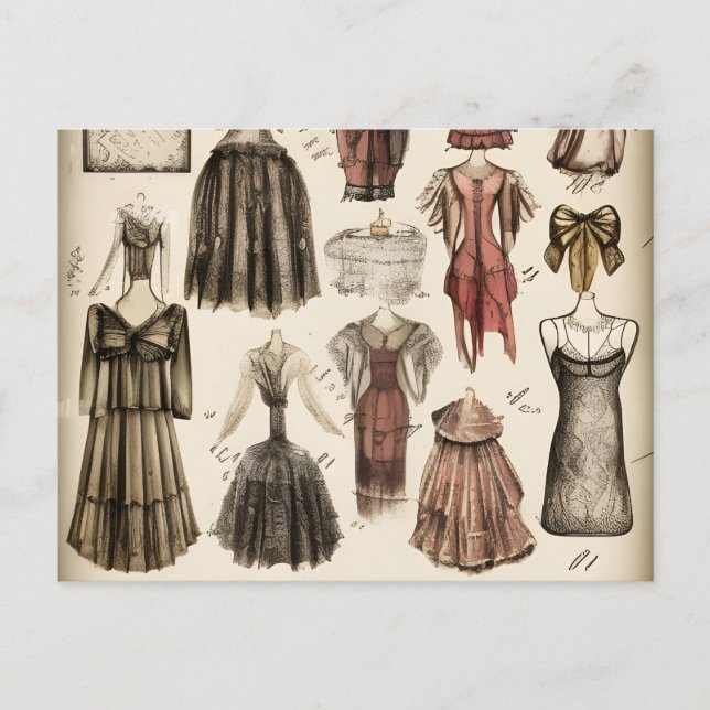 Postal Esbozo de lápiz de diseño de moda victoriano vinta (Anverso)