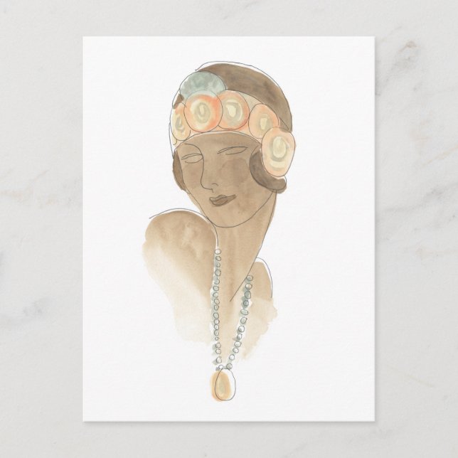 Postal Esbozo de moda flapper - Mujer con pieza de pelo (Anverso)