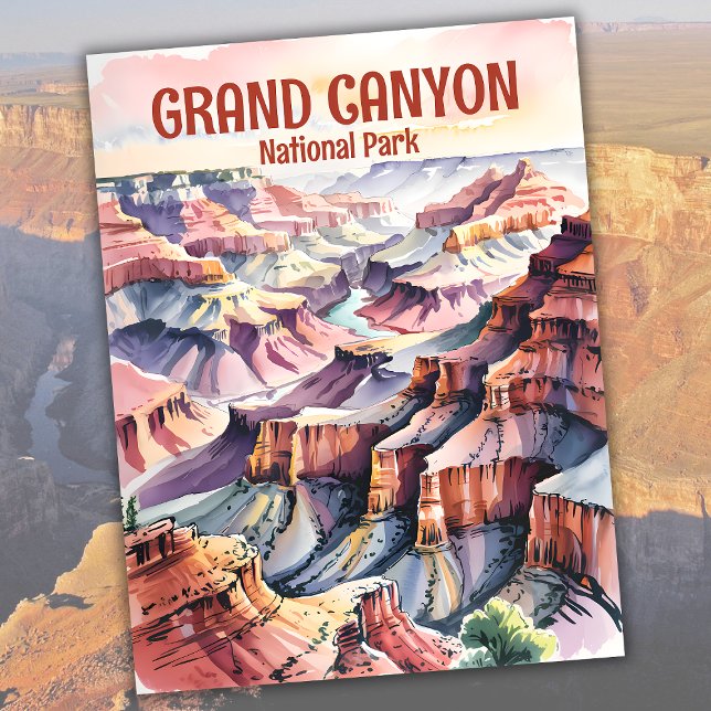 Postal Esbozo de tinta acuarela del Gran Cañón en la llan (Watercolor Ink Sketch of Grand Canyon South Rim Postcard)