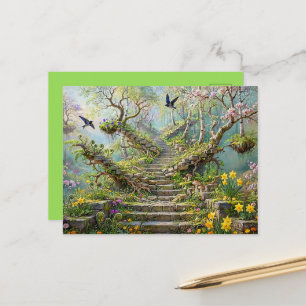 Postal Escalera Surrealista de Primavera que se Traga Flo