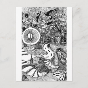 Postal Escaleras bajo la pluma de luz y ilustracion de ti